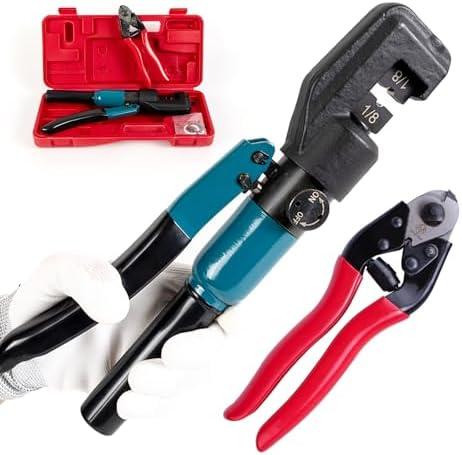 Muzata Custom Cable Railing Crimping Tool Hydraulic Crimper Hydraulic Crimping Tool for 1/8" Stainless Steel Cable Railing Kit Wire Rope Swaging Kit with Wire Cutter CR09 CK12