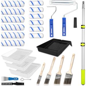 Paint Roller Kit with Extension Pole, 27 Piece Set, 2 to 4 Ft Pole, 4"9" Paint Rollers, Paint Brushes Set for Professional Painting,House Paint Roller for All Latex and Oil Paints & Stains