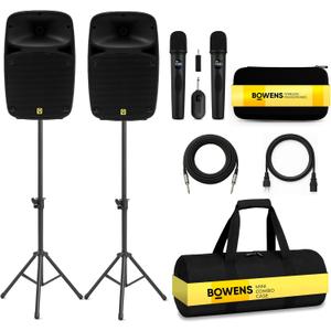 Bowens Dual 8 Inch 200W PA System  Portable Outdoor Speakers with Bluetooth, USB/SD, LCD & Remote  DJ Sound System with Wireless Karaoke Microphone for Singing/Microfono & Stands