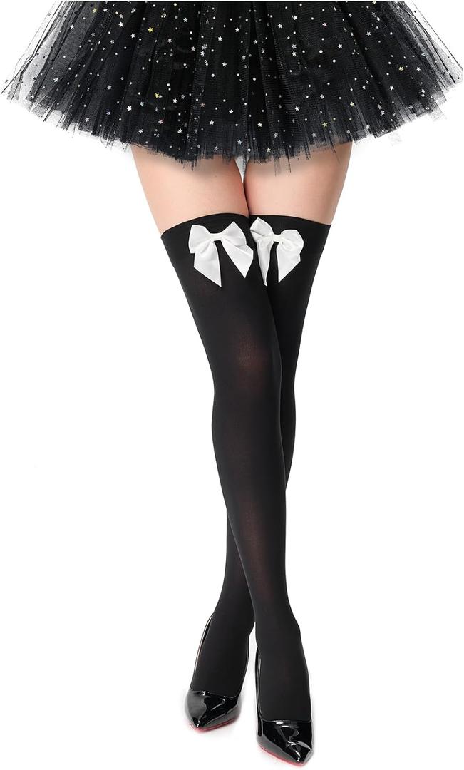 Women's Satin Bows Thigh High Stockings Hold-ups Snag-Resistant Knee High Long Socks (Large, 2-black White)