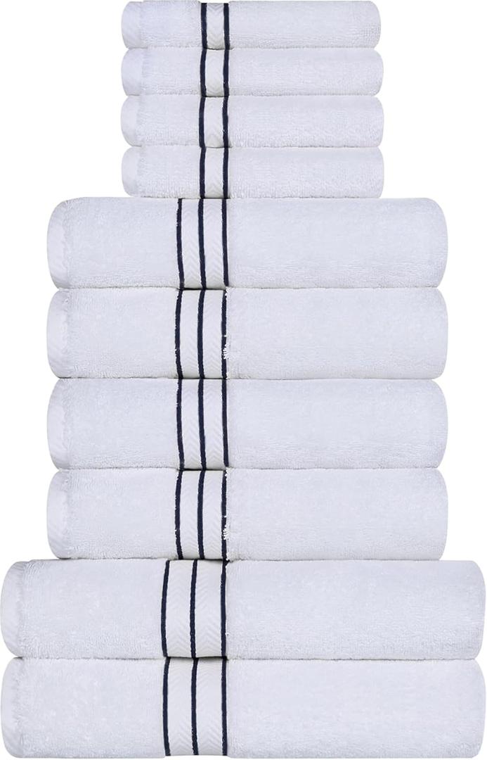 SUPERIOR Hotel Turkish Cotton 10 Piece Towel Set, Ultra Plush Spa Quality Heavyweight Essentials for Bathroom, Thick Absorbent and Soft, Dobby Border, Includes 2 Bath 4 Hand 4 Washcloths, Navy Blue
