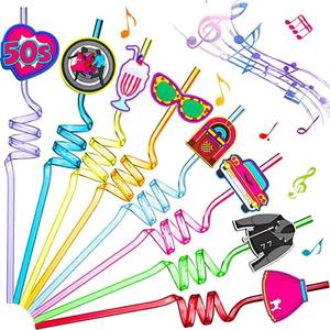 Skyley 24 Pcs 1950s Party Decorations Disco 50s Straws Retro Sock Hop Rock Silly Straws Music Party Favors for Adults 50s Dancing Parties, 8 Styles and Colors