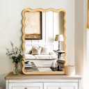 Bathroom Mirror for Wall, 20"x30" Boho Wavy Wood Mirror Large Full Length Decorative Mirror with Tempered Glass, Natural Wooden Frame Vanity Mirror for Bedroom, Living Room, Entryway, Natural 