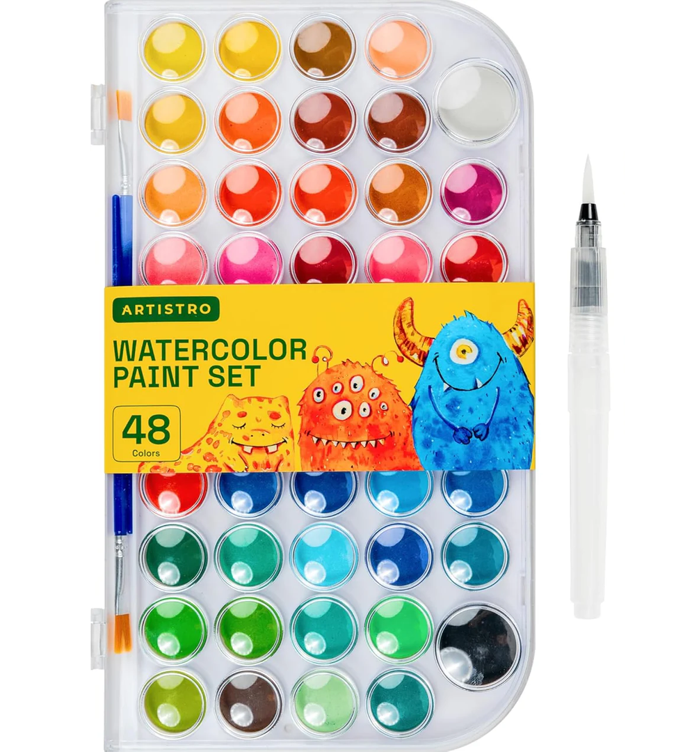 WASHABLE WATERCOLOR PAINT SET 48 COLORS WITH 2 BRUSHES, REFILLABLE WATER BRUSH PEN AND PALETTE, WATER COLOR PAINT SET FOR KIDS, ADULTS, BEGINNER ARTISTS (1)