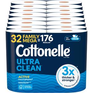 Cottonelle Ultra Clean Toilet Paper with Active CleaningRipples Texture, 1-Ply Strong Bath Tissue, 32 Family Mega Rolls = 176 Regular (8 Packs of 4), White