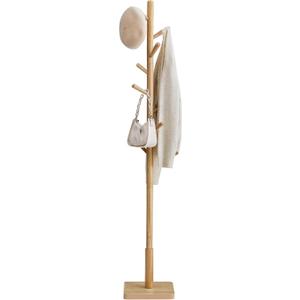 VASAGLE Solid Wood Coat Rack, Free Standing Hall Coat Tree with 8 Hooks, 3 Height Options, for Coats, Hats, Bags, Purses, for Entryway, Hallway, Rubberwood Hooks and Pole, Natural Beige URCR010N01