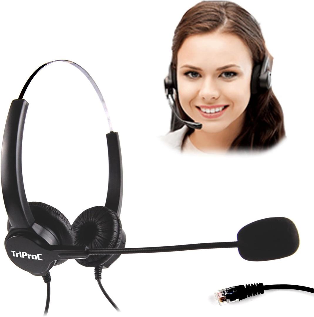 TriPro Binaural 4 Pin RJ9 Telephone Headset for Landline Phones