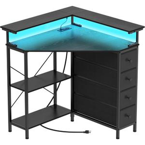 Corner Desk with Drawers Shelves for Small Space 90 Degrees Triangle Computer Desk with Power Outlets,Gaming Desk with LED Lights Monitor Stand for Home Office Workstation Writing Table (Black)