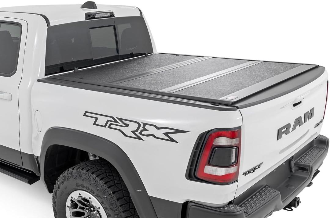 Rough Country Hard Low Profile Tri-Fold Tonneau Cover for Ram 1500 (2019-2026) & 1500 TRX (2021-2024) Flush Mount Aluminum Bed Cover
