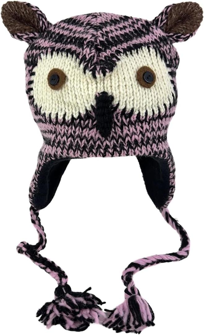 Humble Hilo Hand-Knitted Wool Animal Beanie - Animal-Themed Knit Beanie for Anyone, Cute Winter Beanie Hats (Large, Pink Owl)