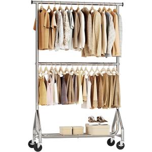 HYSEYY Heavy Duty Clothes Rack, Double Rod Clothing Rack for Hanging Clothes, Rolling Garment Rack, Adjustable Freestanding Wardrobe Closet Coat Rack for Bedroom Laundry Living Room, Silver