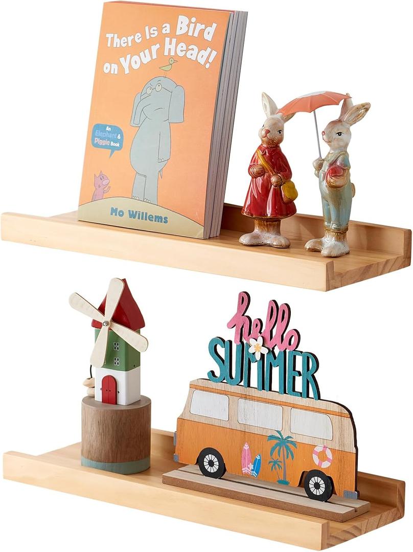 Wood Floating Shelves Set of 2 Pine Wood Wall Shelf 16 inches, Floating Shelf for Wall Mounted - Upgrade Width 5.85", Floating Display Shelves for Living Room Bedroom Kitchen Bathroom, Natural