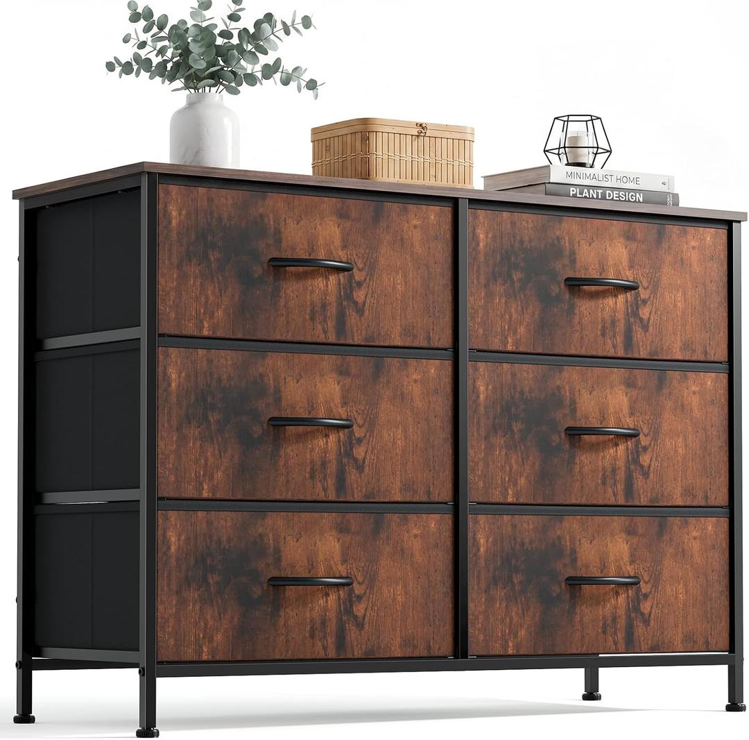 DUMOS 6 Drawer Dresser for Bedroom, Wide Storage Chest of Drawers Cabinet
Fabric Storage Organizer with Wooden Top, Wide Dresser Cabinet for Closet, Bedroom, Rustic Brown