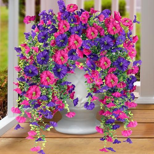 Artificial Fake Hanging Flowers Plants for Outdoor Outside Spring Summer Decoration 2PCS Faux Silk UV Resistant Realistic Morning Glory with Eucalyptus for Home Porch Patio Balcony(Purple & Magenta)