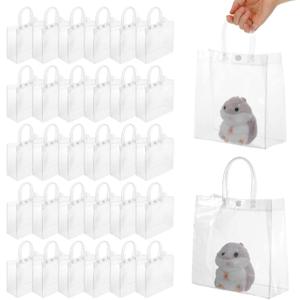 Abeillo 50 PCS Clear Gift Bags with Handles, 7.8" x 7.8" x 3.1" Reusable Party Favor Bags Plastic Gift Bag Transparent PVC Tote Bag for Wedding, Christmas, Birthday, Boutique