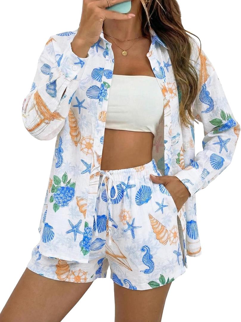 Womens Two Piece Summer Set Cute Beach Outfit with Button Up Shirt & Long Sleeves Vacation Cover Up Set, Size: XL