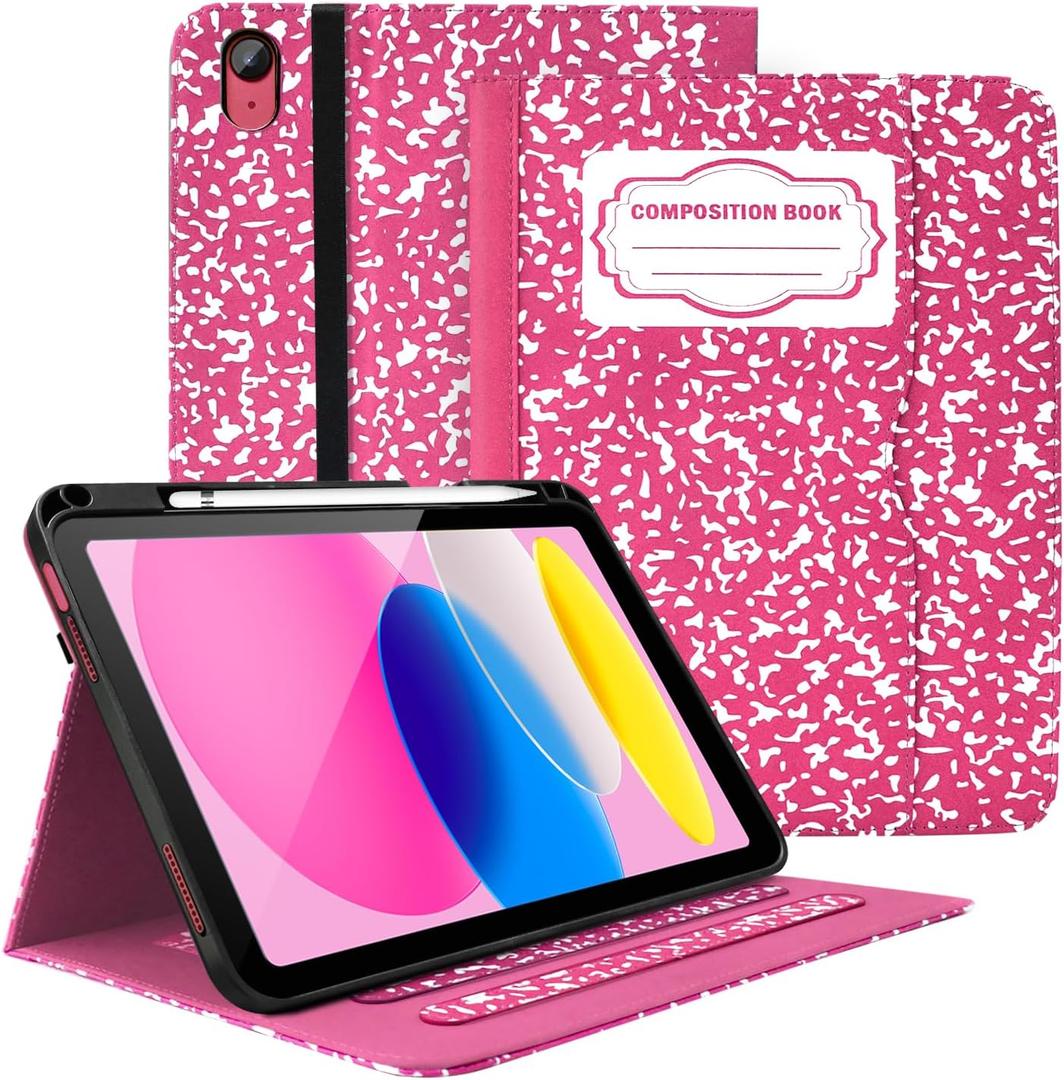 Case for iPad 11th Generation (A16) 11-inch 2025, for 10th Generation 10.9'' 2022, PU Leather iPad 11/10 th Gen Cover with Multi-Angle Viewing, Pencil Holder, Pocket, Composition Book-Pink