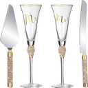 4 Piece Wedding Cake Knife and Champagne Flutes Server Set Mr and Mrs Toasting Flutes Crystal Rhinestone Cake Cutting Set for Bride and Groom Wedding Engagement Bridal Shower Gifts(Gold)
