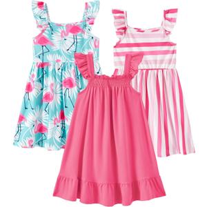 PATPAT Multipack Girl Toddler Dresses Sleeveless Flamingo Striped Toddler Casual Dresses, 3-4 Y