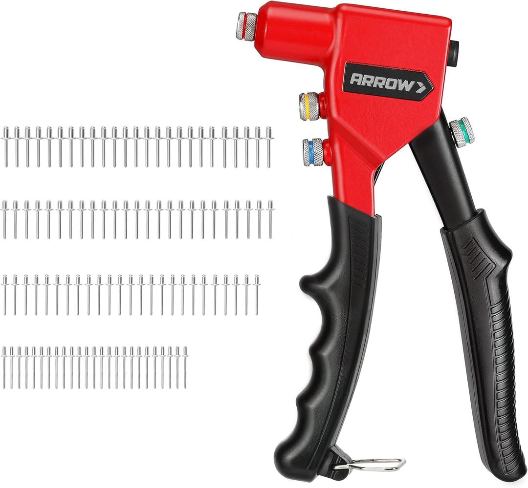 Arrow Hand Riveter Kit, RT187M Professional Pop Rivet Gun with 3/32", 1/8", 5/32", 3/16" 100 Pieces Rivets (Each 25 Pieces), Great for Metal, Gutter and Automotive Work