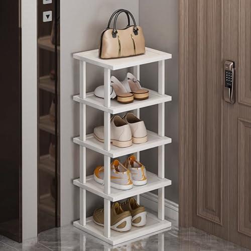 SAN HE Bamboo Shoe Rack 5Tier- Vertical White Shoe Rack for Small Spaces, Tall Narrow Shoe Rack Organizer for Closet Entryway Corner Garage and Bedroom,Skinny Shoe Shelf with Free Stackable DIY