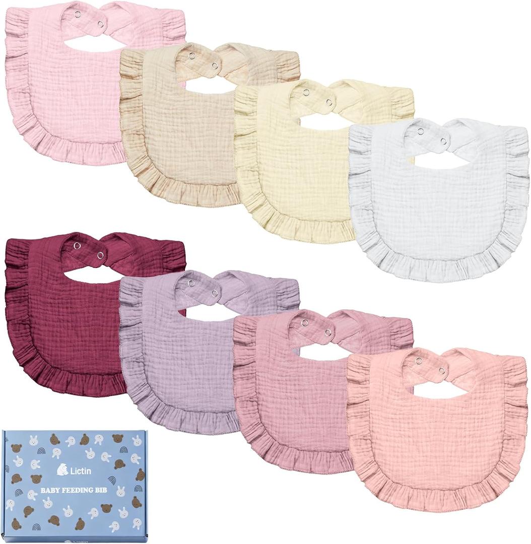 Lictin 8-Pack Muslin Baby Bibs - Bandana Drooling and Teething Bibs, Unisex Cotton (Warm)