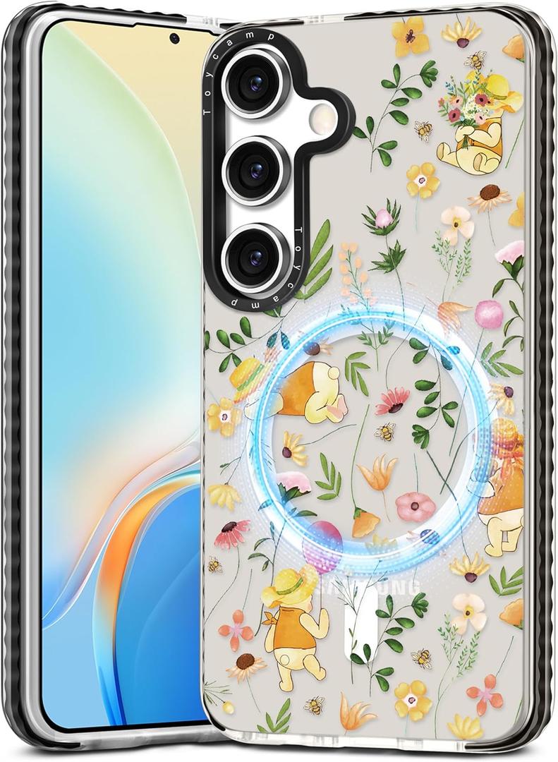 Toycamp for Samsung Galaxy S25 Case for Women - Compatible with MagSafe Girls Cute Phone Cover Magnetic with Shockproof Protective Girly Aesthetic Designer for Samsung S25 Case, Cartoon Floral