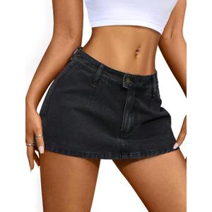 IWD Denim Mini Skirt for Women Low Waisted Jean Micro Skort with Shorts Stretch Casual Jean Skirt (Black, S)