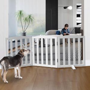 Freestanding Dog Gate Indoor,Doggie Gate Foldable Dog Gates for Doorways,Stairs or Hallways, Wooden White Pet Gate for The House, Pet Fence with Support Feet Included,24 "Height-3 Panels