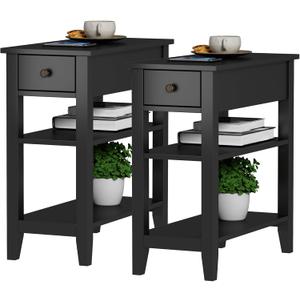 ChooChoo Side Table Living Room Set of 2, Narrow End Table with Drawer and Shelf, 3-Tier Sofa End Table for Small Space (Ink Black)