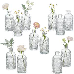 Kingrol 12 Pack Mini Glass Bud Vases, Small Clear Flower Vases for Single Stems, 4.9 Inch Vintage Embossed Bottles for Home Shelf, Bathroom & Desk Decor