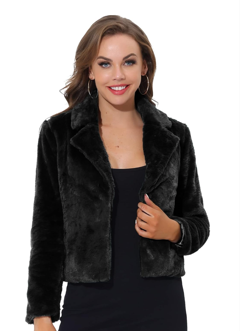 Allegra K Women's Cropped Faux Fur Jacket Lapel Cardigan Shrug 2024 Winter Fluffy Faux Fur Coat M