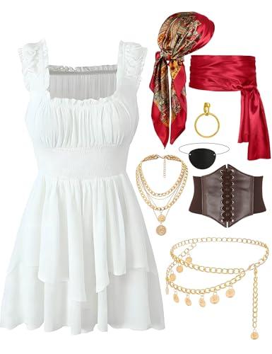 Pirate Costume Women Dress Corset Head Scarf Sash Chain Belt Necklace Eye Patch Party Outfit Pirate Accessories (Medium)