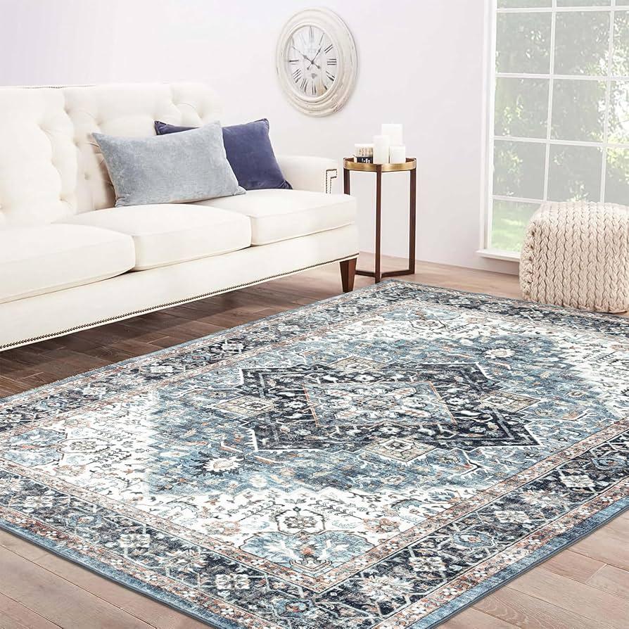 Area Rug 3×5, Vintage Boho Rug,Ultra-Soft Low Pile, Washable, Non Slip,Stain Resistant Printed Carpet for Living Room Bedrooms Playroom Office Kitchen, Light Blue