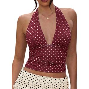 Milumia Women Polka Dots Halter Crop Top Y2k V Neck Open Back Sleevelss Tank Tops Going Out Party Club Dark Red S