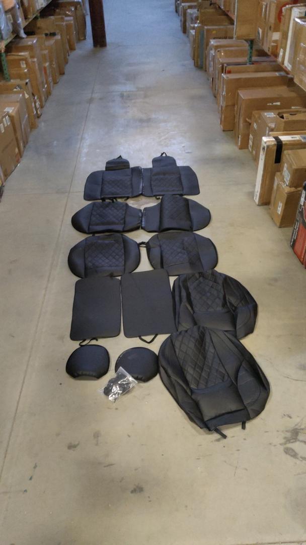  4 seat covers, 4 seats back covers, two head covers and two black covers, pack of 12 pieces. Size back covers with head covers: 34×22 inch . Size back covers without head covers is : 21×23 inch. Size 1st pair seat covers is: 21×22 inch. 2nd pair seat covers size is : 24×21 inch . Seat Head covers size is : 10×10 inch. Black cover size is 22*12,5 inch