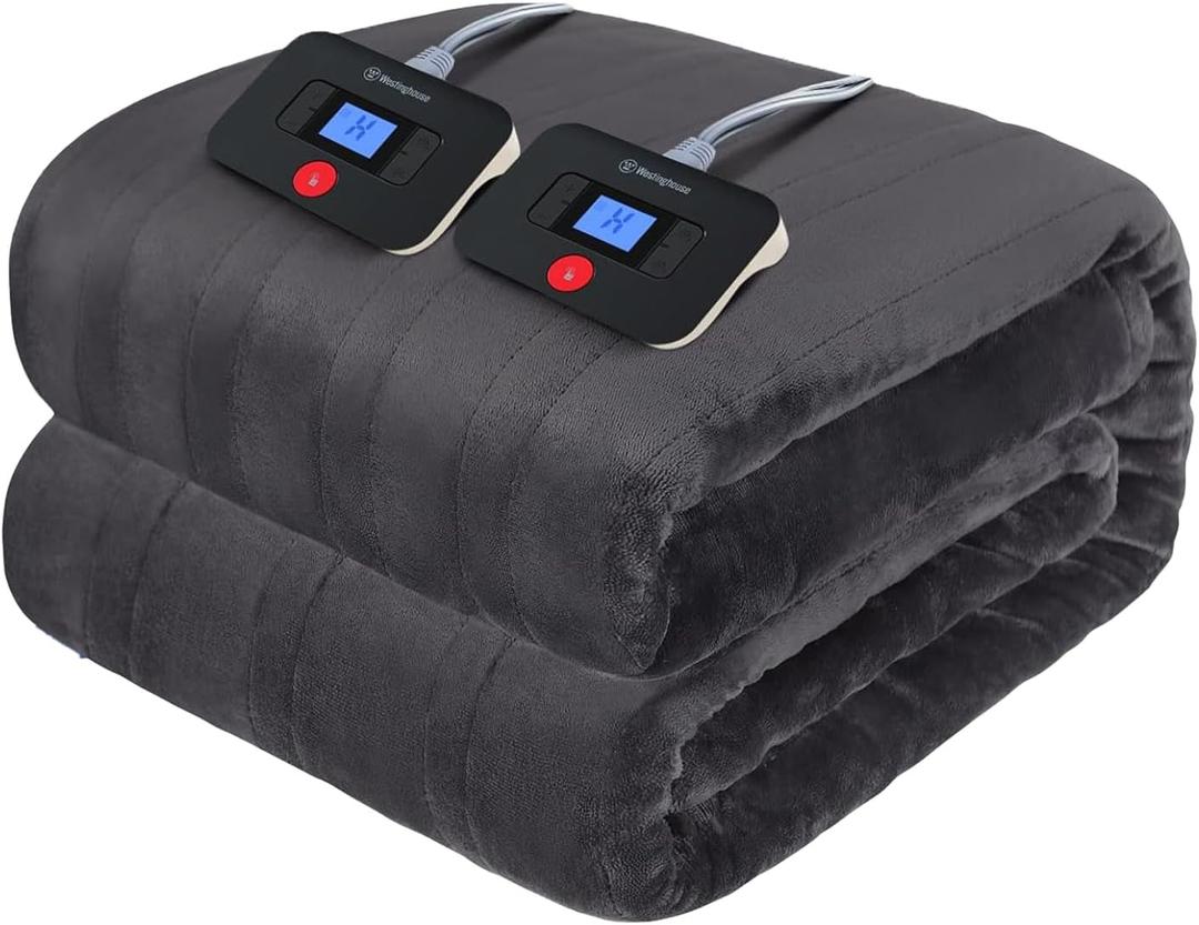 Westinghouse Electric Blanket King Size, Super Cozy Soft Flannel 100"" x 90"" Heated Blanket with 10 Fast Heating Levels & 1-12 Auto-Off, Machine Washable, ETL&FCC Certification, Charcoal