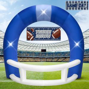 8FT Blue and White Football Helmet Inflatable Arch with Game Day Banner, Giant Outdoor Blow Up Football Helmet with Built-in 3 LED Lights for Football Themed Birthday Party Lawn Yard Decoration