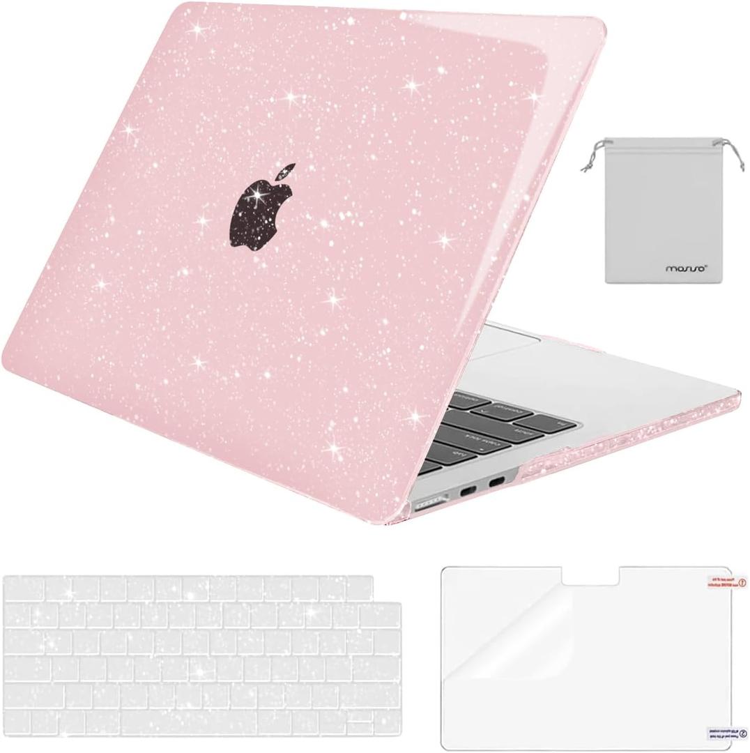 MOSISO Compatible with MacBook Air 13 inch Case 2025 2024 2023 2022 M4 A3240 M3 A3113 M2 A2681, Sparkly Glitter Hard Shell & Keyboard Cover & Screen Film & Pouch for MacBook Air 13.6 inch Case, Baby Pink
