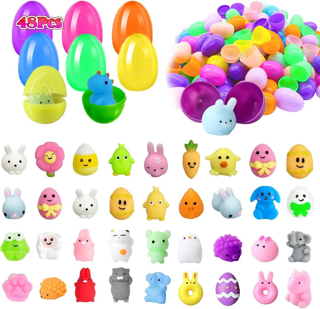 48Pcs Prefilled Easter Eggs with Animal Mochi Squishy Stress Relief , Kawaii Easter Basket Stuffers, Party Favors, Classroom Prizes (Multicolor 48Pcs)