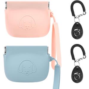 WALLFID Silicone Dog Treat Pouch Small Bag,Auto Closure,with Pet Training Clicker,Walking Bag for Dog and Cat,Pocket Size,Easy to Clean,Odorless (Blue and Pink)