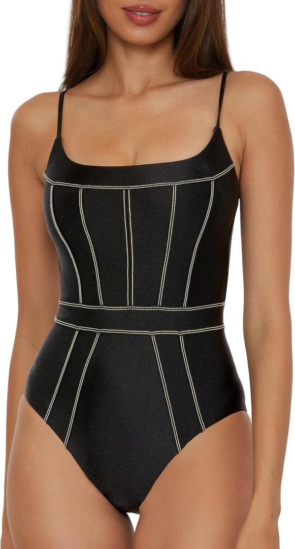 BECCA Color Sheen - Women's One Piece Swimsuit, Sexy Satin, Bathing Suits for Women, Black, Large
