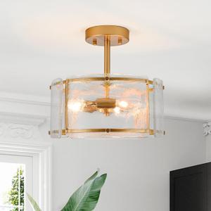 Gold Semi Flush Mount Ceiling Light Fixture 3 Light,11.8 Inch Small Drum Modern Farmhouse Glass Ceiling Light Fixtures for Bedroom,Entryway,Hallway,Kithcen,Dining Room,Living Room