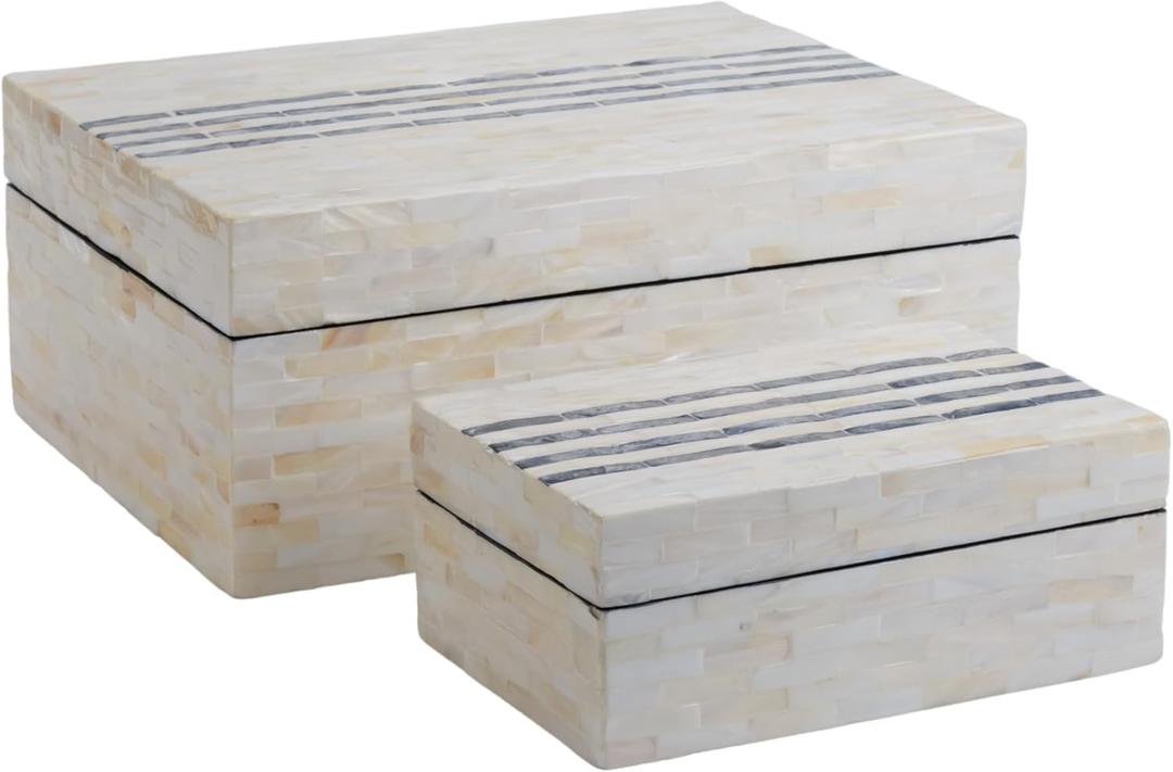 PEMAR Set of 2 Mother of Pearl Decorative Boxes w Lids, Handmade Mosaic Keepsake Jewelry Box Treasure Chest, Shelf Decorative Wooden Box for Memory, Tea Bags, Coffee, Accessories (Black Stripes)