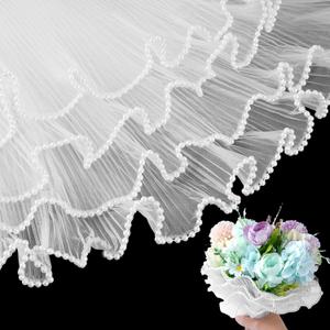 3 Pack Pearl Edge Bouquet Packaging Paper, Korean Flower Wrapping Mesh Paper Floral Net Yarn Wrinkle Waves Paper for Mother's Day Wedding Anniversary Birthday Florist Supplies 4.37 Yards (White)