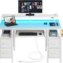 Seventable Computer Desk with Drawers, Gaming Desk with Keyboard Tray, Office Desk with LED Lights & Power Outlets, 47 inch Writing Desk with Monitor Stand for Small Space, White