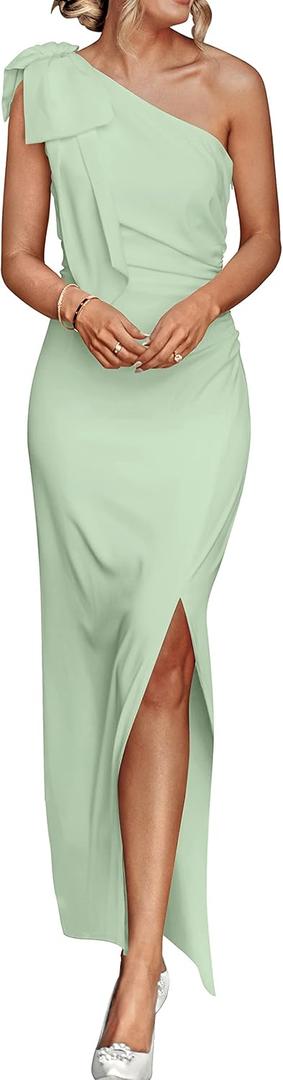 PRETTYGARDEN Women's Summer One Shoulder Long Formal Dresses Sleeveless Ruched Bodycon Wedding Guest Slit Maxi Dress (Green, S)
