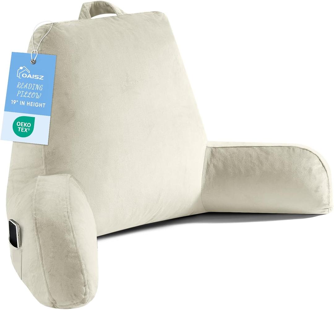 Reading Pillow for Sitting in Bed Adult, Reading Pillow with Shredded Memory Foam, Bed Pillow with Washable Cover, Back Pillow Sitting Up with Extend Arms, Beige, X-Large