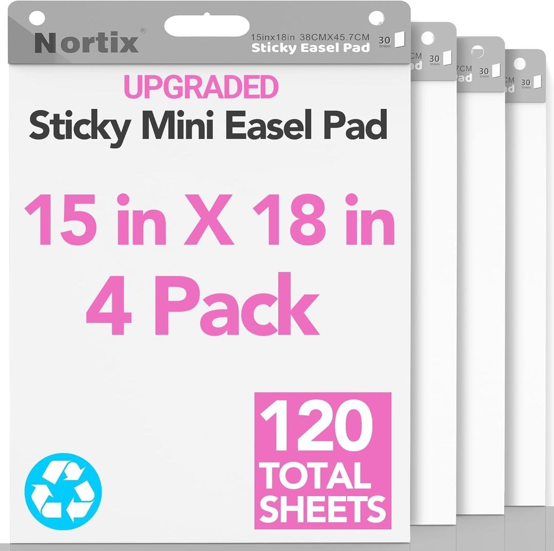 Nortix Sticky Easel Pads, Flip Chart Paper, 15 x18 inch, 30 Sheets/Pad, 4 Pads, Chart Paper for Teachers,Super Adhesive & Bleed-Resistant, Mini Self-Stick Easel Paper for Classroom/Office/Home