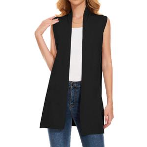 Women's Long Knit Cardigans Ribbed Sleeveless Sweater Casual Outwear Open Front Draped Duster Vest (Black, M)